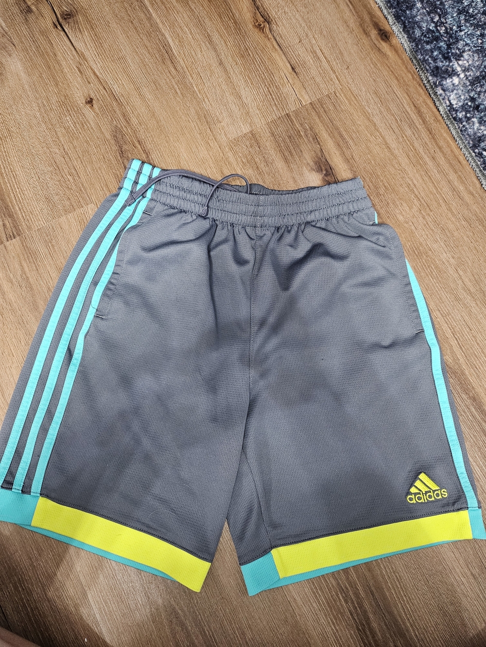 adidas Gray Shorts with Teal Stripes & Yellow Hem Detail